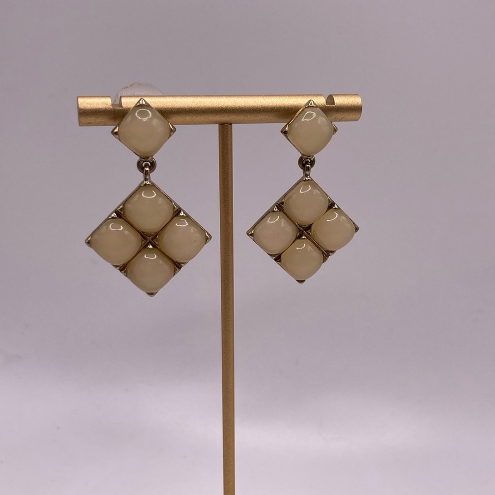 Gold Tone with white Cabochon Cushion Square Post Pierced Earrings